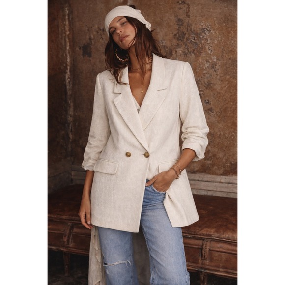 So Allure Italy Women Cream Textured Cotton Double Breasted Blazer Jacket 44 NWT